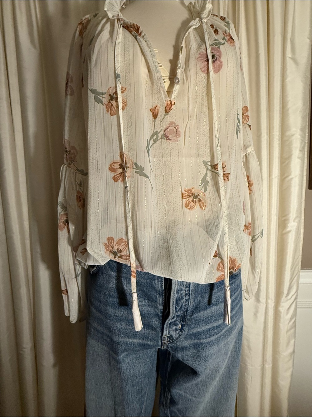 Lovestitch Floral Tie-Neck Peasant Blouse - Cream with Pink & Tan Flowers